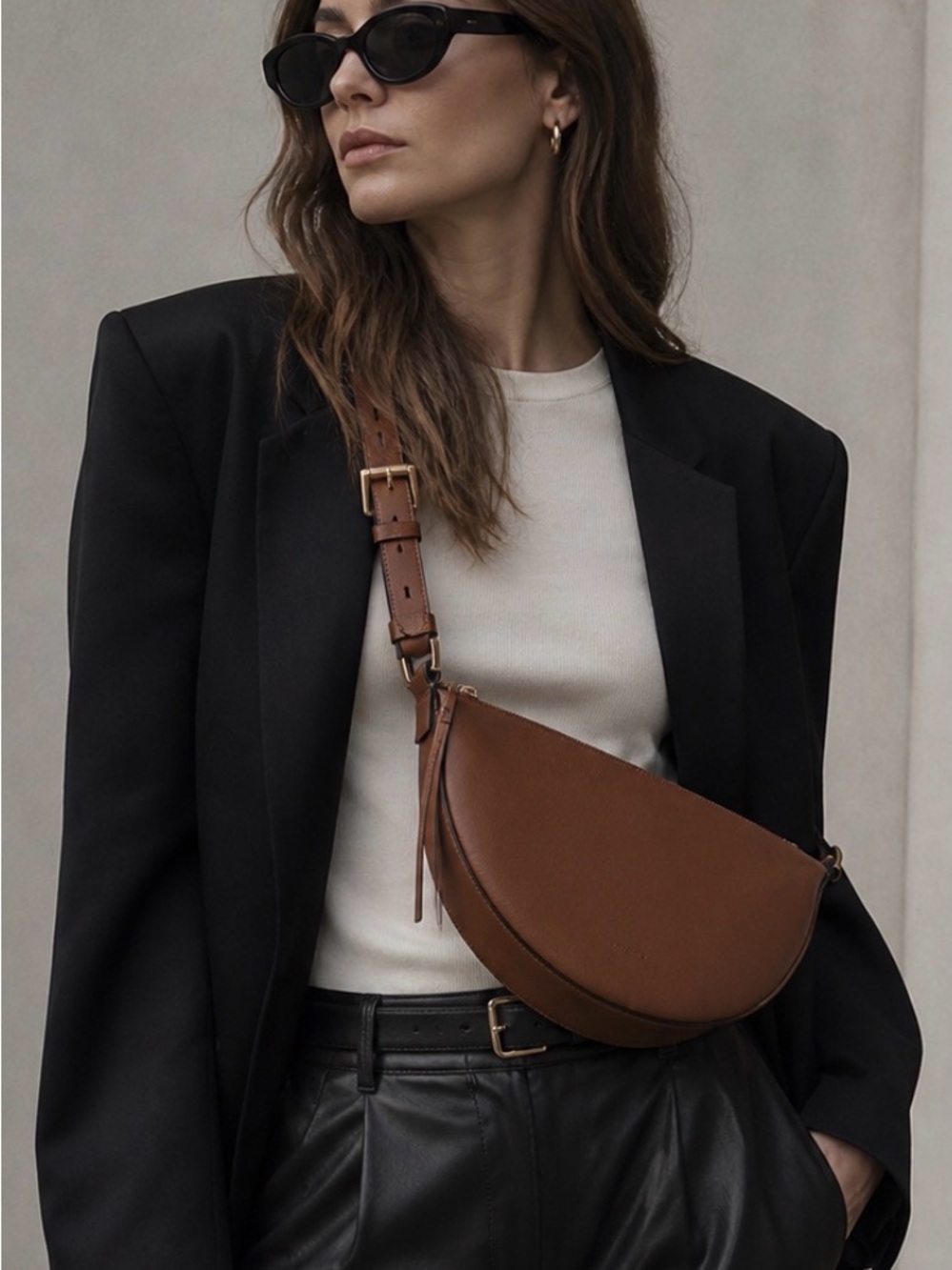 ALL SAINTS Half Moon Leather Cross Body Bag Briwn Urban Edgy Minimalist Off Duty - Picture 2 of 15